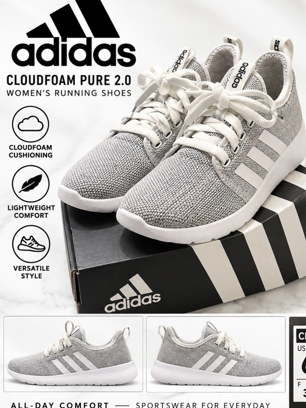 adidas Cloudfoam Pure 2.0 Women's Running Shoes — Light Gray/White